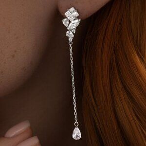 925 Sterling Silver Rhodium Plated Pear and Princess Cut CZ Dangle Earrings